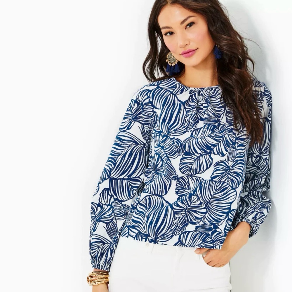 NWT Lilly Pulitzer Rilynn Long Sleeve Cotton Top Aegean Navy Beach Path Large